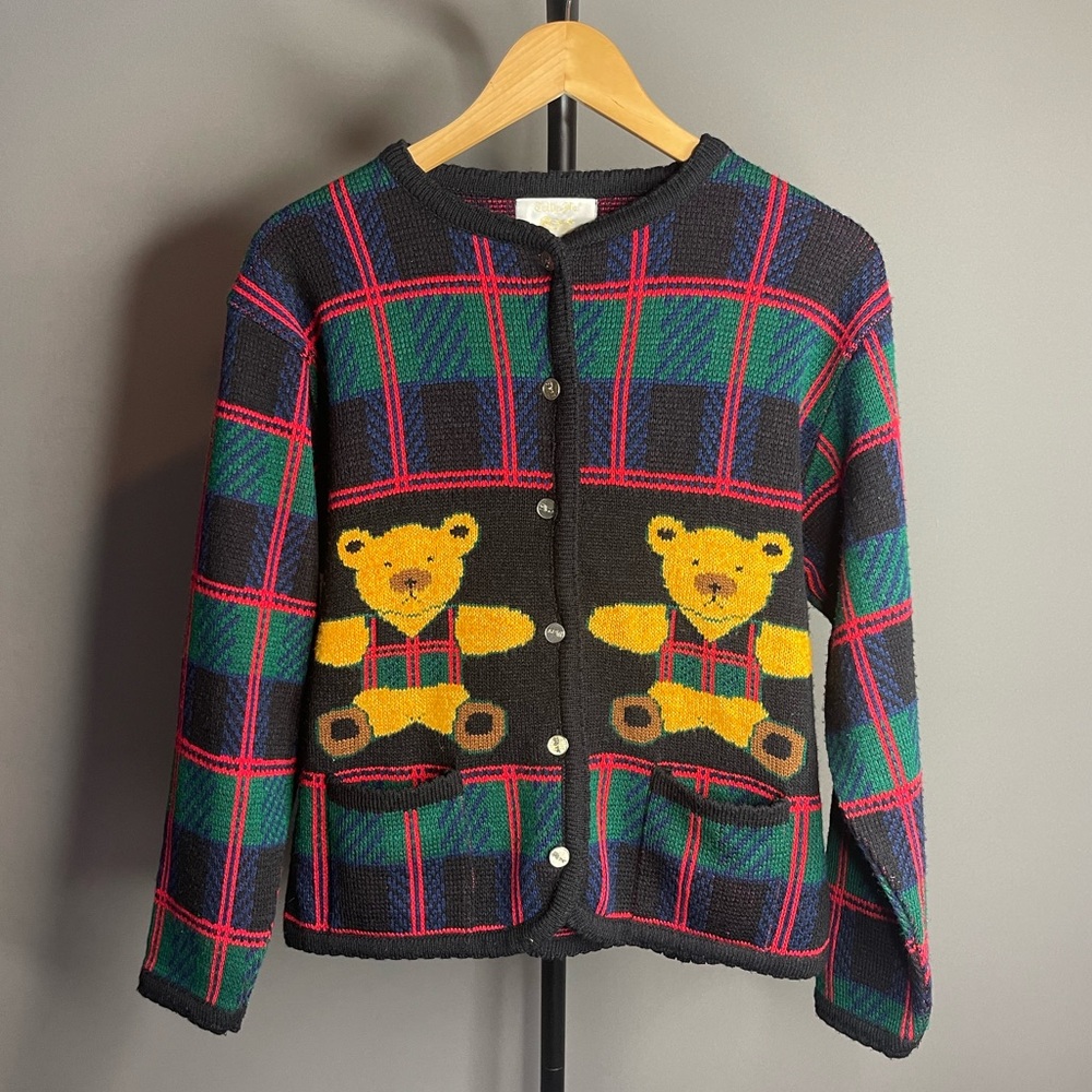 Vintage Tally Ho Teddy Bear Plaid Wool Button Up Cardigan Sweater L